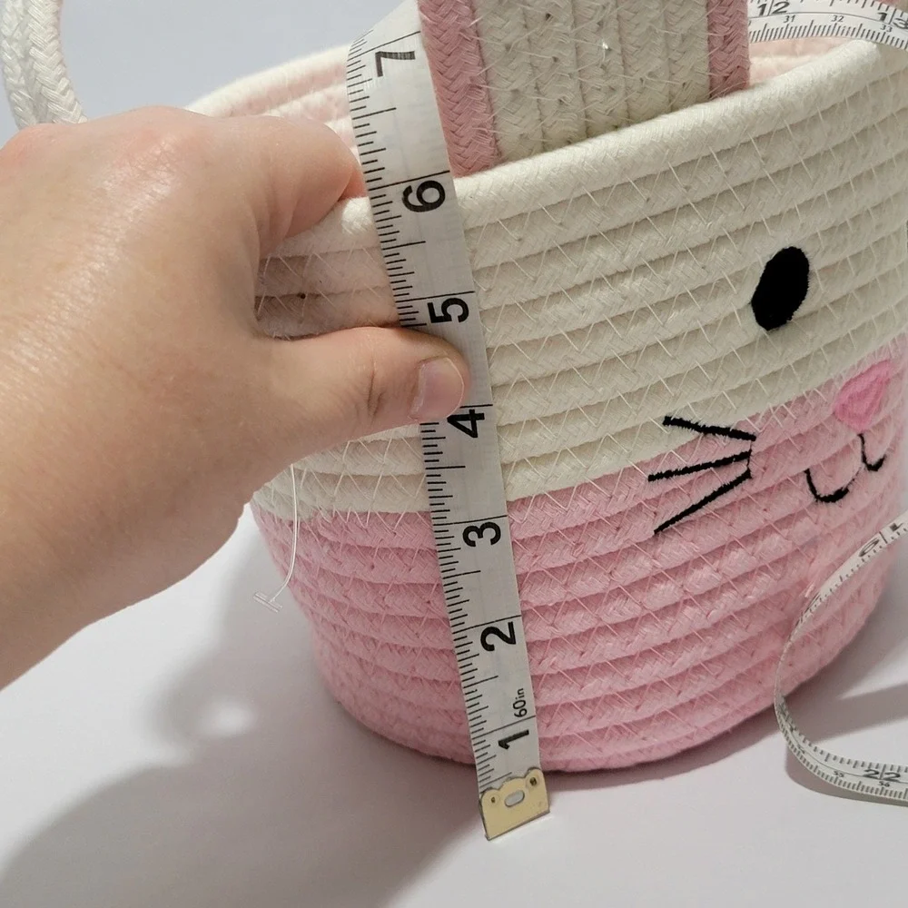 Pink White Bunny Easter Basket Cotton Rope Coiled Storage Tote Rabbit Ears 6in
